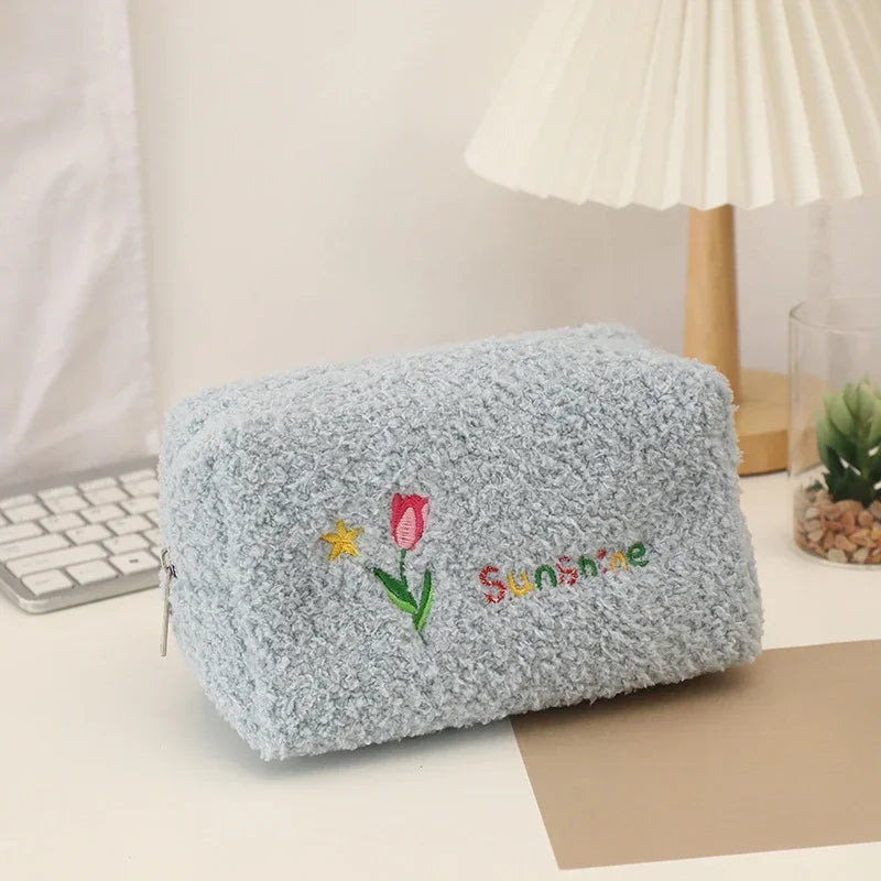 Cute Cosmetic Storage Bag Embroidered Flowers Cosmetic Bag Pencil Case Soft plush Makeup Bag for Lipstick Jewelry Pouch