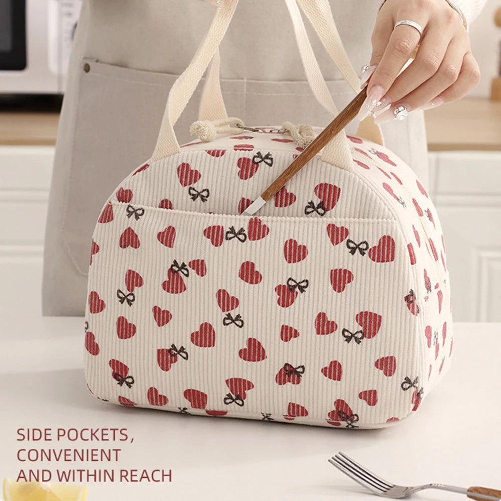 Portable Corduroy Lunch Bags Thermal Insulation Lunch Box Cute Print Women Lunch Storage Bag Picnic Bento Large Capacity Handbag