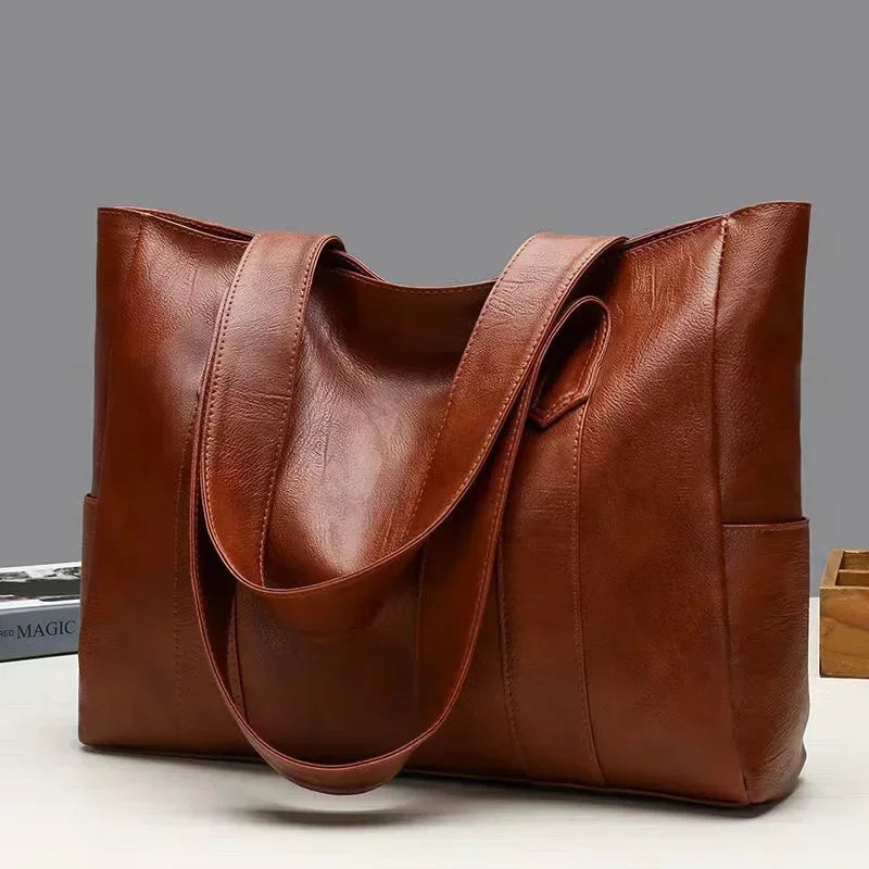 Women's Large Leather Tote Bag - Classic Solid Color Shoulder Handbag