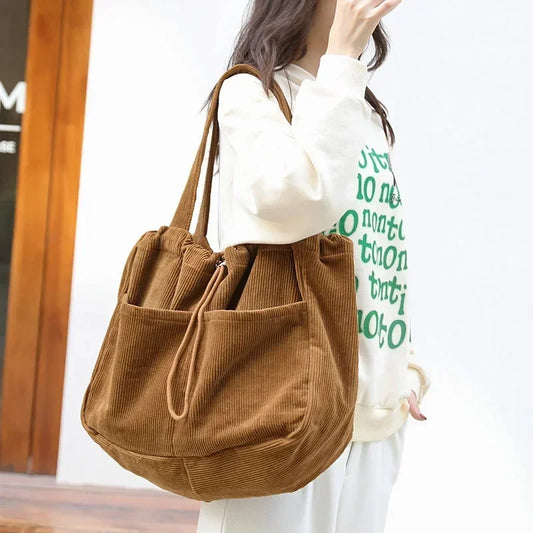 Corduroy Tote Bag for Teens and Women - Large Drawstring Shoulder Handbag