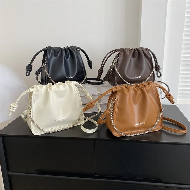 Solid Color Drawstring Crossbody Bag Leather Chain Handbag