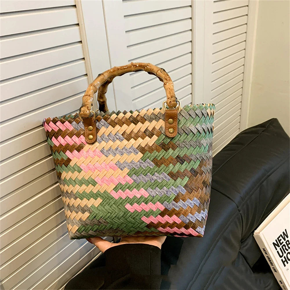 Retro Colorful Rattan Woven Tote Bag