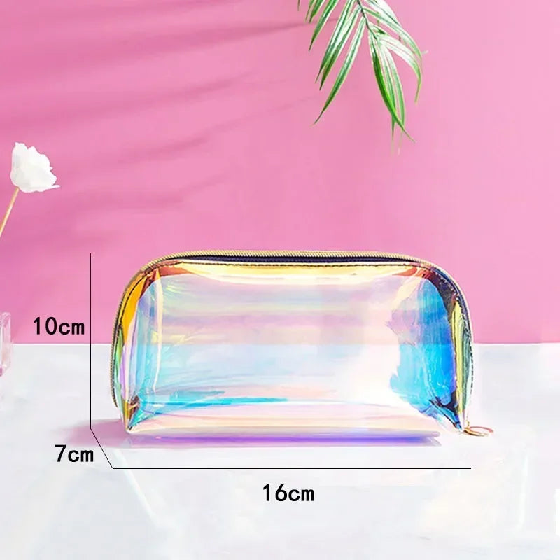 PVC Waterproof Transparent Cosmetic Bag Wash Toiletry Makeup Bag Organizer Female Girls Laser Color Zipper Make Up Beauty Case