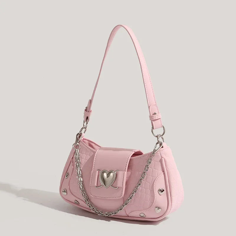 Pink Y2K Heart Chain Shoulder Bag - Women's Fashion Handbag