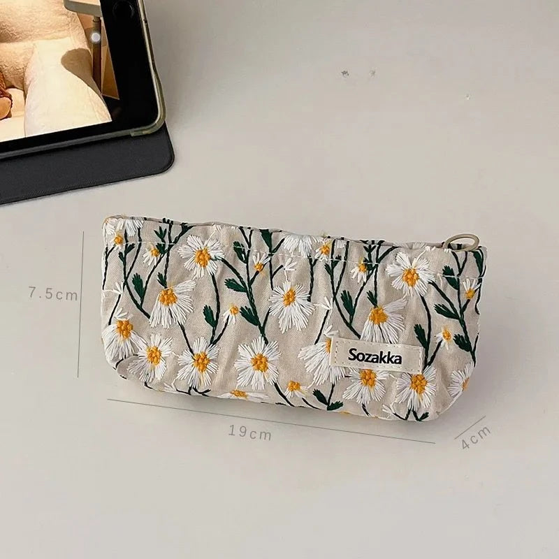 Cosmetic Bag Women Floral Makeup Case Organizer Korean Embroidery Cosmetic Pouch Travel Toiletry Bag Corduroy Canvas Beauty Case