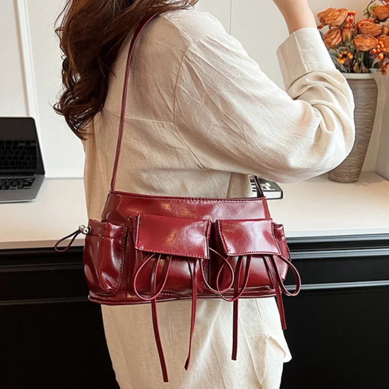 Double Pockets Design PU Leather Shoulder Bags for Women 2025 New Fashion Trend Crossbody Bag Females Silver Handbags