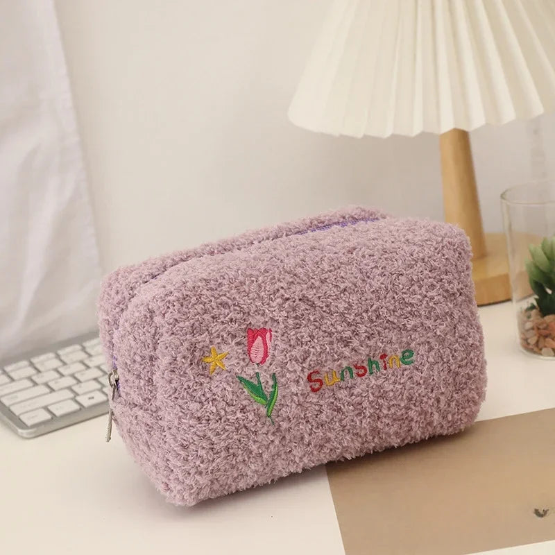 Cute Cosmetic Storage Bag Embroidered Flowers Cosmetic Bag Pencil Case Soft plush Makeup Bag for Lipstick Jewelry Pouch