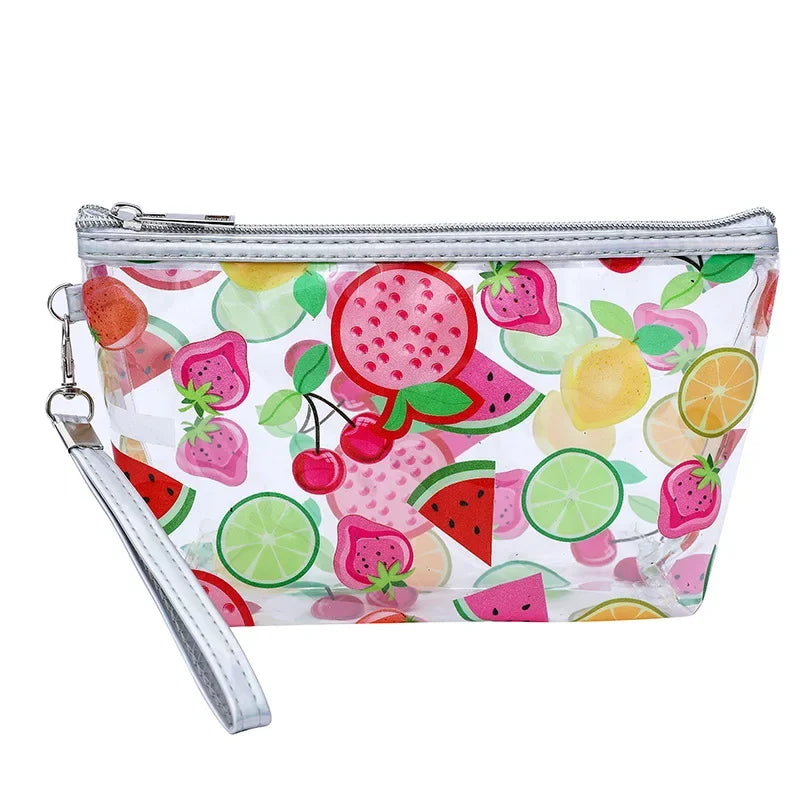 Kawaii Cute Transparent Cosmetic Bag Large Capacity Portable Fruit Pattern Pencil Case Makeup Storage Bag Make Up Organizer Bag