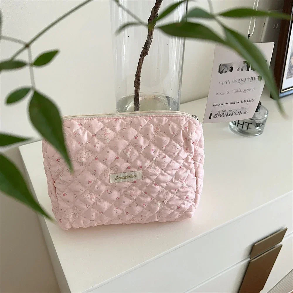 Cute Pink Women's Cosmetic Bag Make Up Case Cotton Travel Storage Bags Portable Wash Makeup Bag Large Clutch Purse Handbags