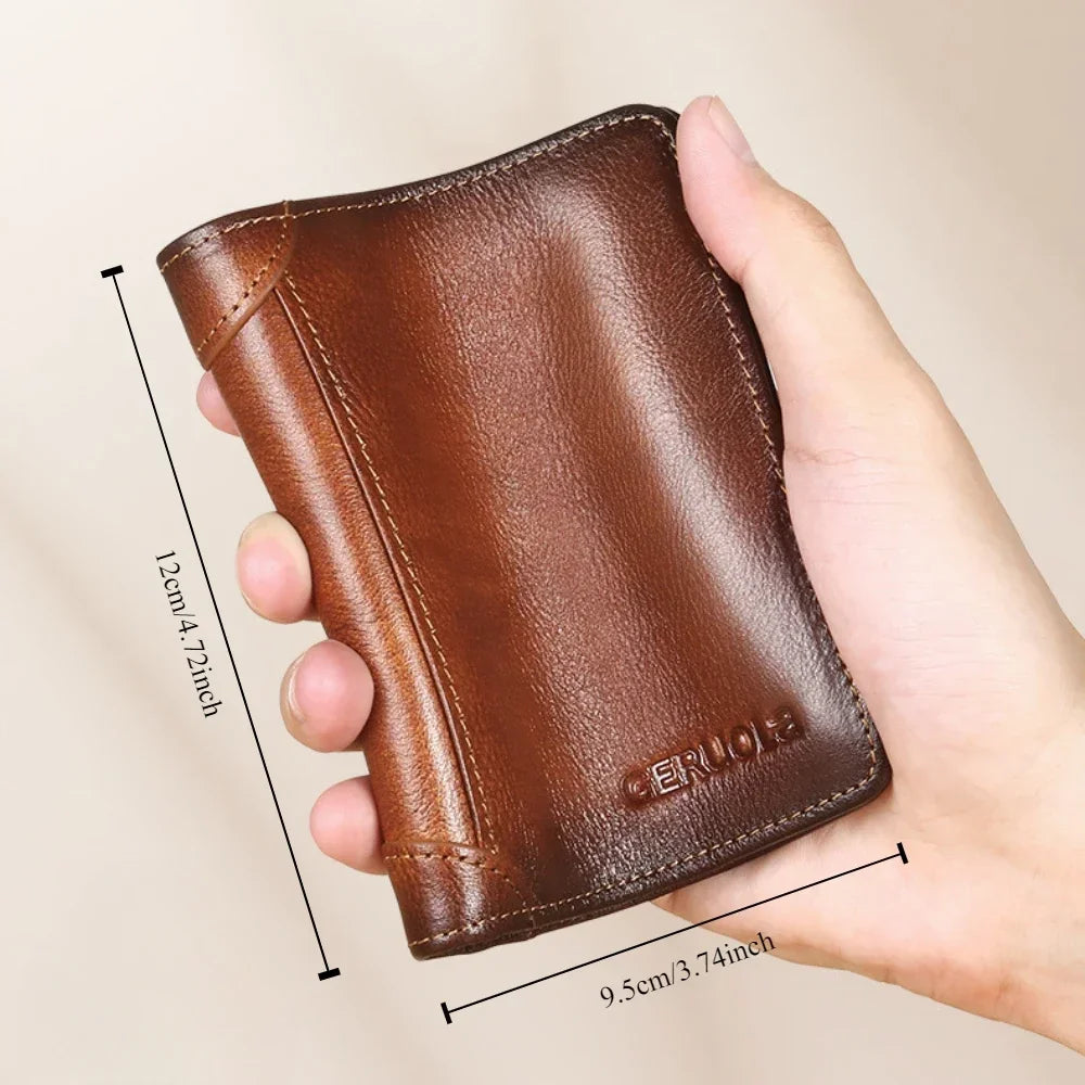 Men Wallet Genuine Leather Rfid Blocking Trifold Wallet Vintage Thin Short Multi Function ID Credit Card Holder Male Purse Money