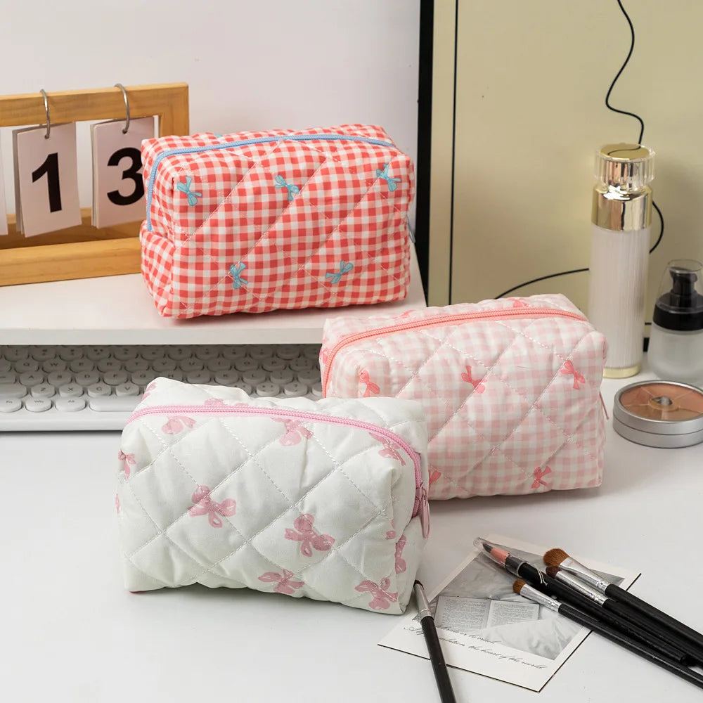 Women's Cosmetic Bags Bow Cute Cotton Makeup Bag Women Zipper Cosmetic Organizer Portable Toiletry Handbag