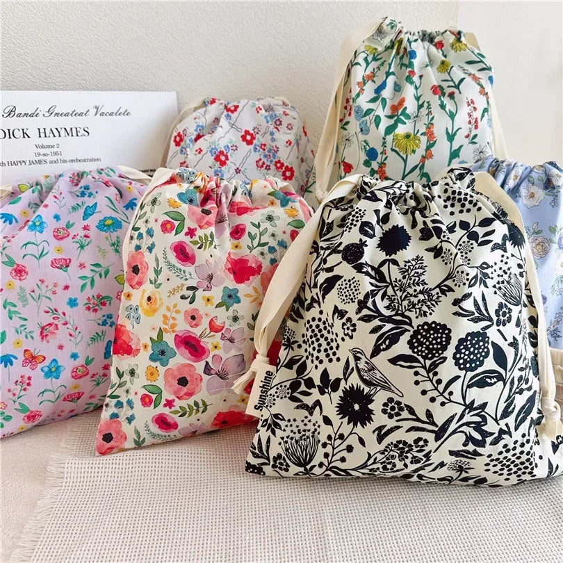 Portable Organizer for Underwear Socks Bra Cotton Makeup Bag Travel Drawstring Bags Ins Flower Print Clothes Cosmetic Bags 2025