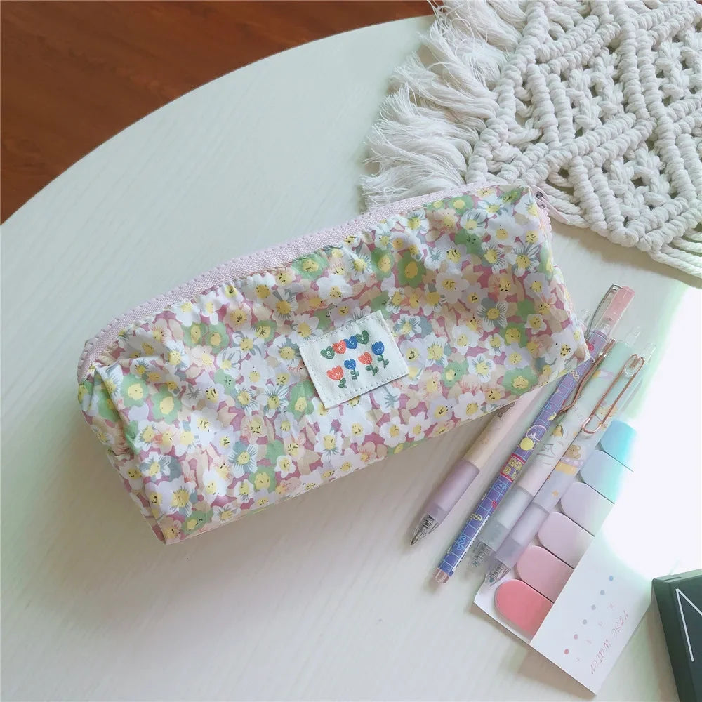 Korean Small Floral Cosmetic Bag For Women Mini Cute Makeup Cotton Fabric Toiletry Bag Pencil Case Organizer Pouch For Brushes