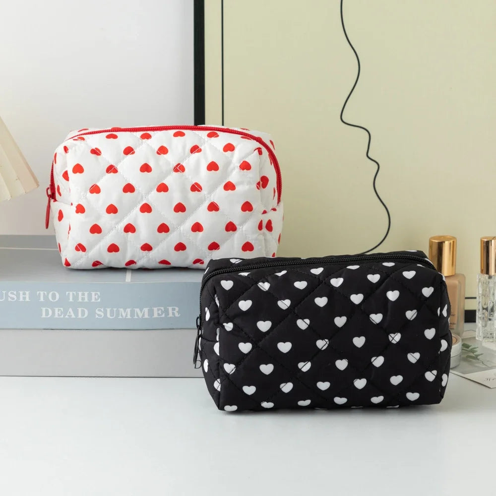 Cute Heart Print Cosmetic Bag Lipstick Brush Storage Bag Travel Toiletry Kit Women Kawaii Makeup Handbags Organizer Pouch Bags