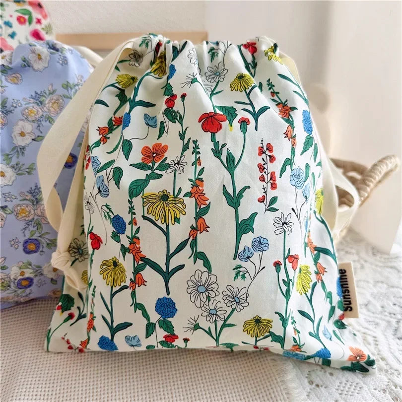 Portable Organizer for Underwear Socks Bra Cotton Makeup Bag Travel Drawstring Bags Ins Flower Print Clothes Cosmetic Bags 2025