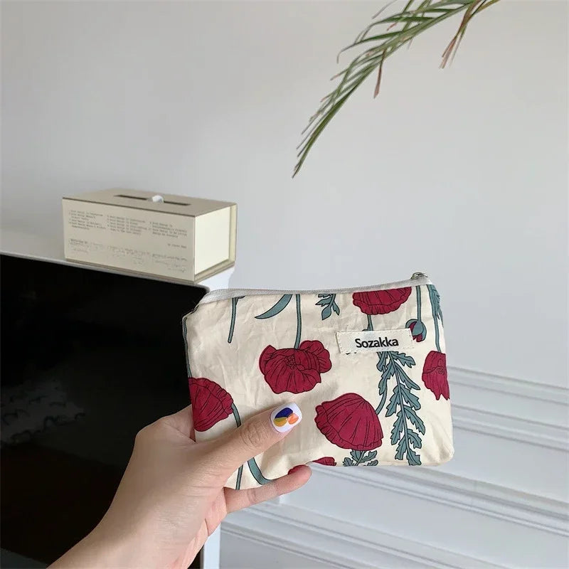 Kawaii Floral Travel Portable Coin Purse Cosmetic Lipstick Storage Bag Women Makeup Handbags Wallet Organizer Small Pouch Bags