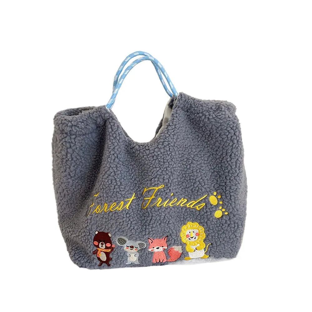 Cartoon Animal Plush Drawstring Handbag - Large Capacity Lamb Wool Tote