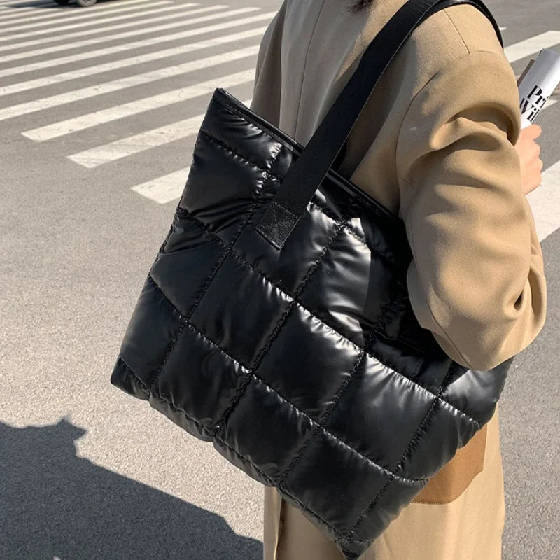 New Fashion Large Tote Padded Handbags Autumn Quilted Women Shoulder Bags Luxury PU Down Cotton Thread Crossbody Bag Winter Bag