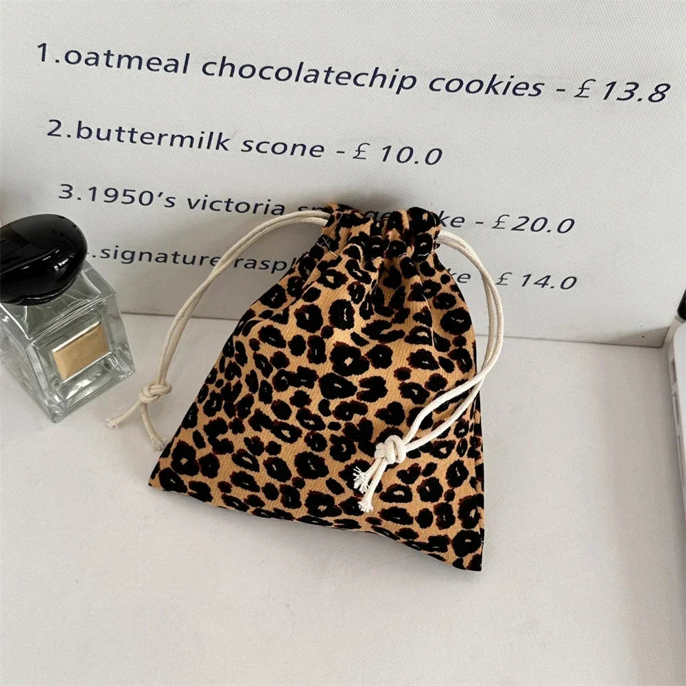 Leopard Print Drawstring Cosmetic Bags Fashion Girl Coin Bags Purse Keys Earphone Lipstick Toiletry Makeup Organizer Pocket Bags