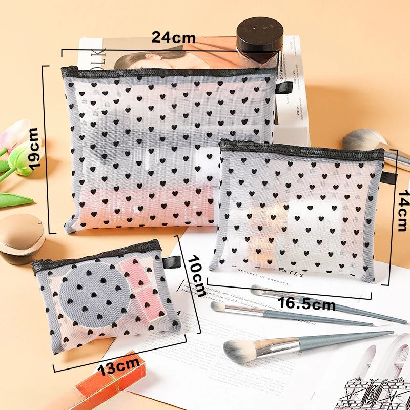 Nylon Mesh Cosmetic Bag Zipper Heart Shaped Toiletry Organizer Makeup Bags Multifunctional Women Girls Lipstick Coin Purse Pouch