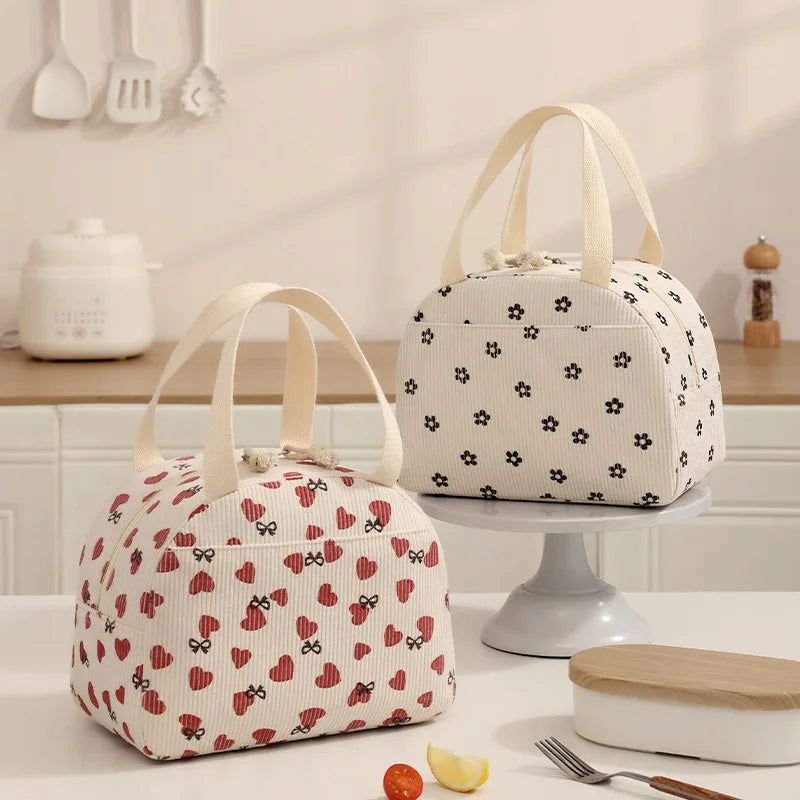 Portable Corduroy Lunch Bags Thermal Insulation Lunch Box Cute Print Women Lunch Storage Bag Picnic Bento Large Capacity Handbag