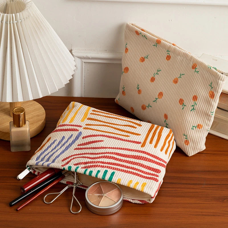 New Fashion Striped Corduroy Clutch Cosmetic Bag Large Capacity Makeup Pouch Toiletries Bag Travel Outdoor Makeup Storage