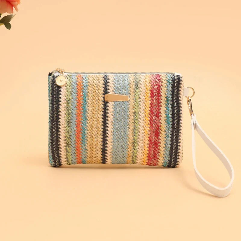 Rattan Knitting Women Straw Bags Fashion Colorful Summer Beach Clutch Bag Female Woven Wristlet Bag Wallet Money Coin Purse