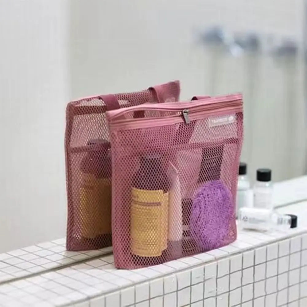 New Portable Mesh Shower Bag with Zipper Ultra Light Quick Dry Toilet Bag Cosmetic Bag Mesh Bag Travel Hanging Storage Bag