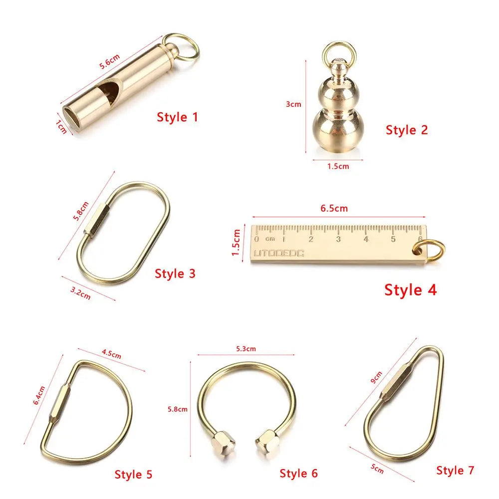 Portable Brass Keychain Creative Unique Key Ring Pendant Whistle Ruler Buckles DIY Craft Tools Jewelry Accessories