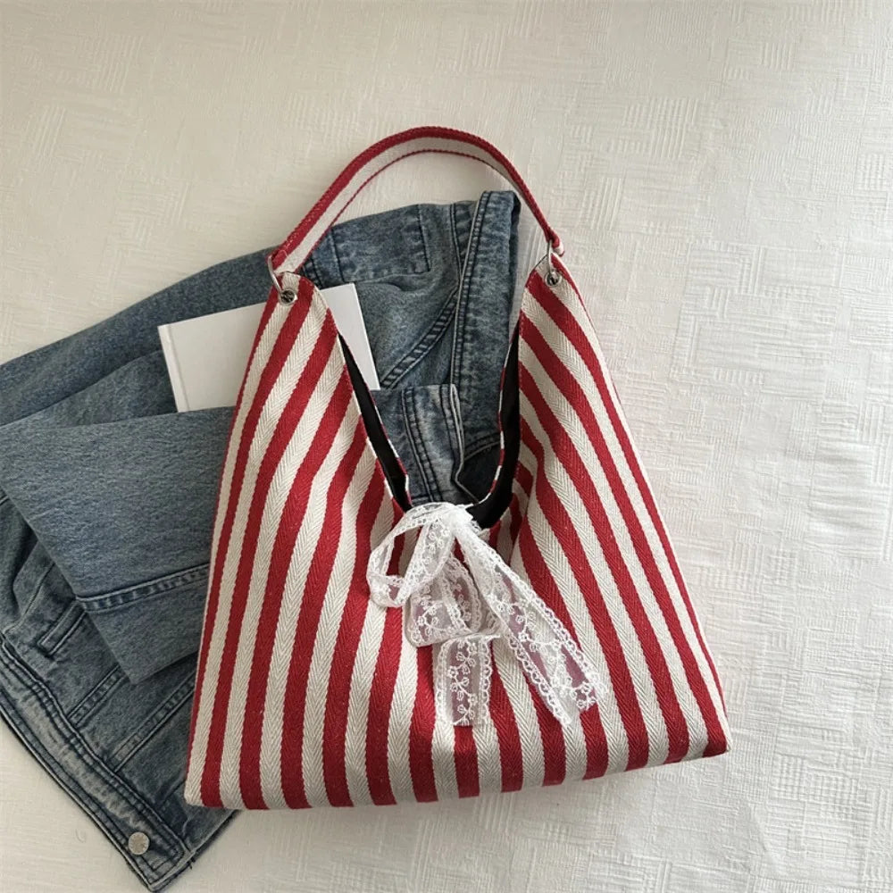 Canvas Stripe Tote Bag Large Capacity Shoulder Handbag