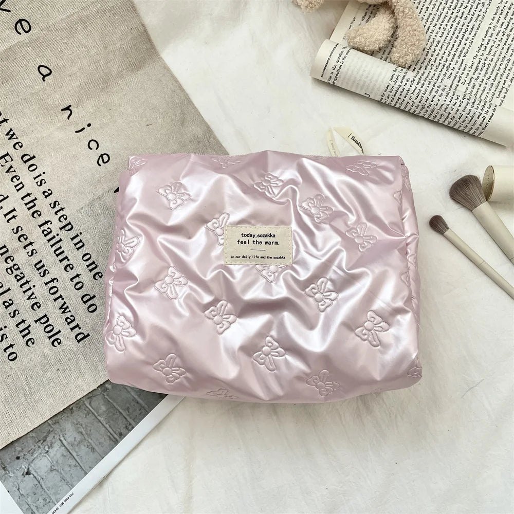 Korean Women PU Love Bow Cosmetic Bag Toiletry Kit Makeup Case Pouch Pocket Multi-function Makeup Lipstick Storage Bag Handbag