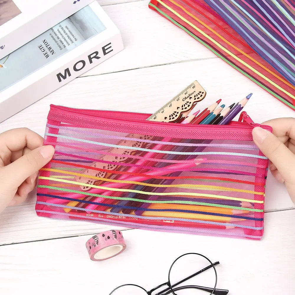 Fashion Zipper Pencil Case Solid Color Mesh Pen Bag Cosmetic Storage Rainbow Color Cosmetic Handbags Coin Purse Stationery