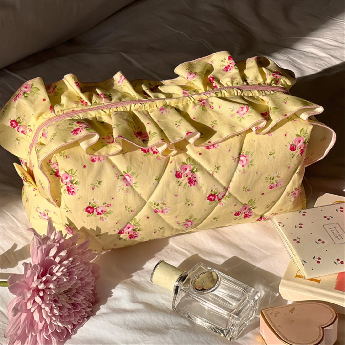 Ruffle Floral Cosmetic Bag Large Capacity Makeup Organizer Travel Toiletry Bag Pencil Case