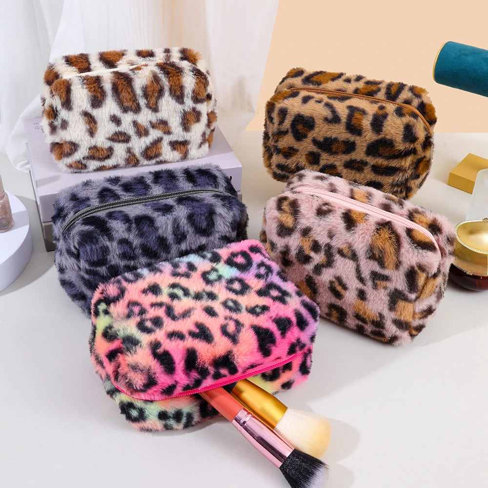 Leopard Print Makeup Bags for Women Plush Travel Cosmetic Bag Organizer Case Lady Girls Make Up Case Necessaries Handbags Case