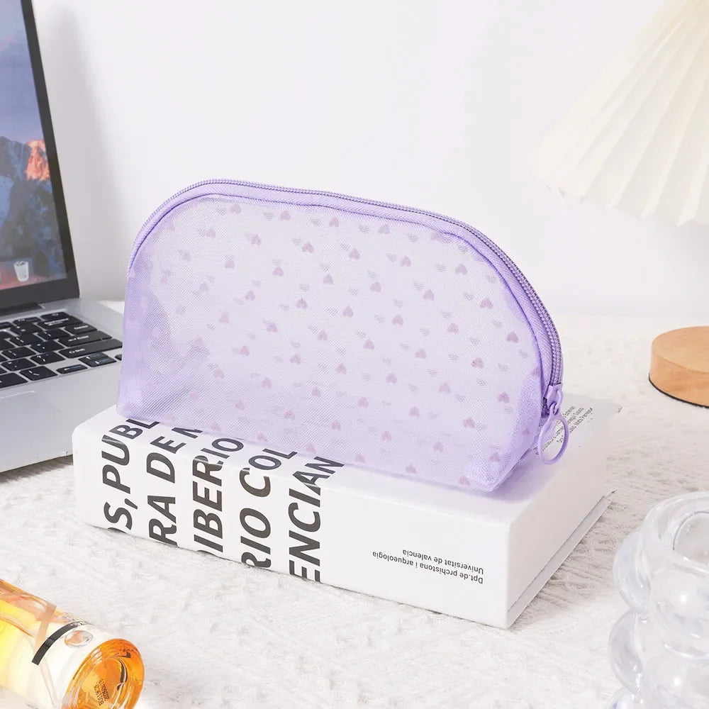 Love Print Mesh Cosmetic Bag Portable Toiletry Organizer Makeup Bag Multifunction Transparent Women Lipstick Storage Pouch