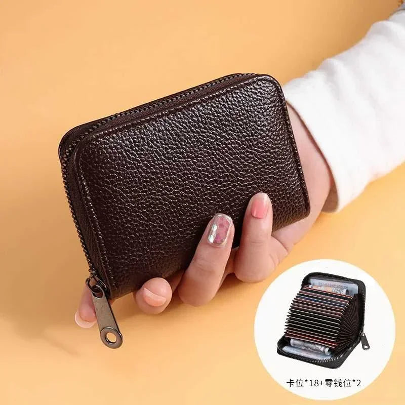 Multi Slot Card Holder Vintage Small Wallet Women Men Business Bank Credit Card Bag Male Coin Pouch Solid Leather Zipper Wallet