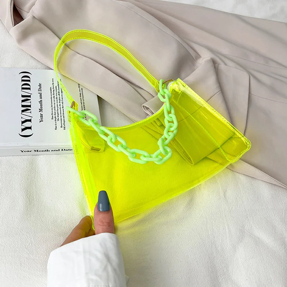 Women's PVC Jelly Shoulder Bag - Mini Chain Underarm Transparent Zipper Clutch