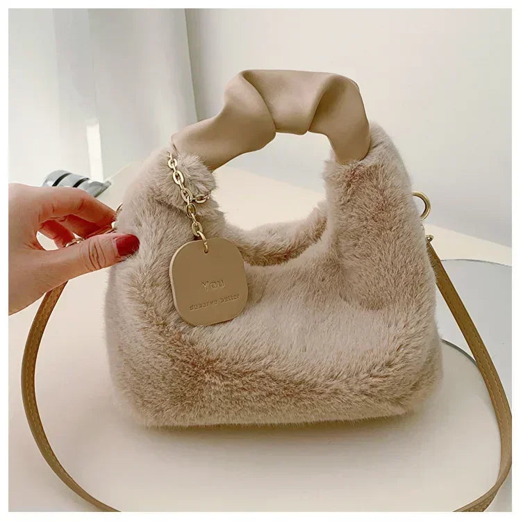 Women Faux Fur Plush Handbags Ruched Handle Small Lady Shoulder Crossbody Bag Casual Tote Half-Moon Hobos Winter Bags for Women