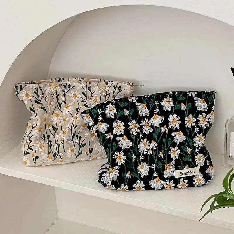 Cosmetic Bag Women Floral Makeup Case Organizer Korean Embroidery Cosmetic Pouch Travel Toiletry Bag Corduroy Canvas Beauty Case