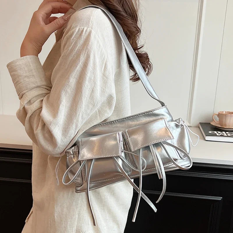 Double Pockets Design PU Leather Shoulder Bags for Women 2025 New Fashion Trend Crossbody Bag Females Silver Handbags