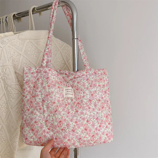 Floral Cotton Quilted Tote Bag - Trendy Designer Shoulder Bag