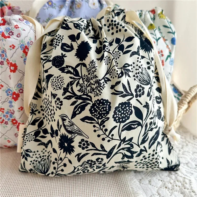 Portable Organizer for Underwear Socks Bra Cotton Makeup Bag Travel Drawstring Bags Ins Flower Print Clothes Cosmetic Bags 2025