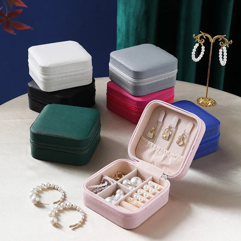 Solid Color Jewelry Organizer Leather Square Small Round Box Ring Earrings Portable Travel Jewelry Storage Lipstick Makeup Bag