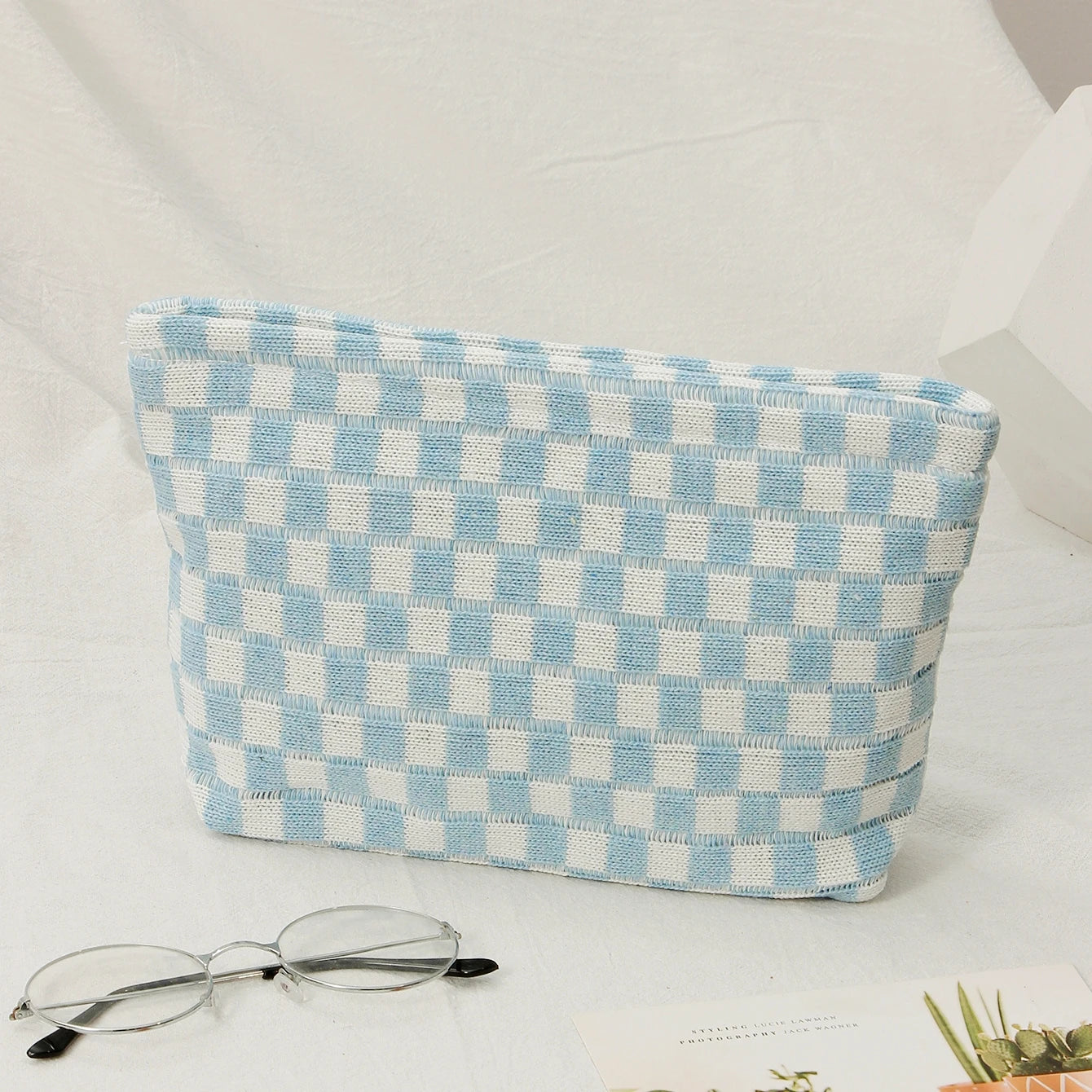 Checkerboard Cosmetic Bag Knitted Toiletry Storage Bag Colorful Makeup Pouch Organizer Checkered Pattern Cosmetic Bag