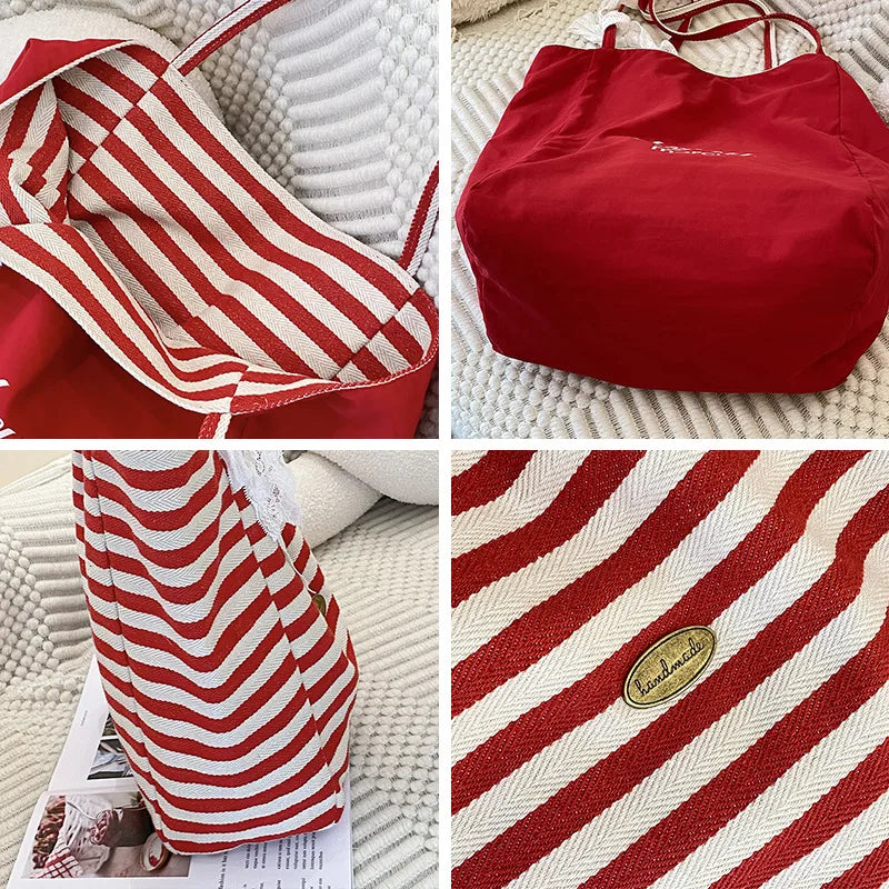 Striped Canvas Bag Korean Version Retro Literary Handbag Double-sided Use Shoulder Handbags Fashion Large Capacity Shopping Bags