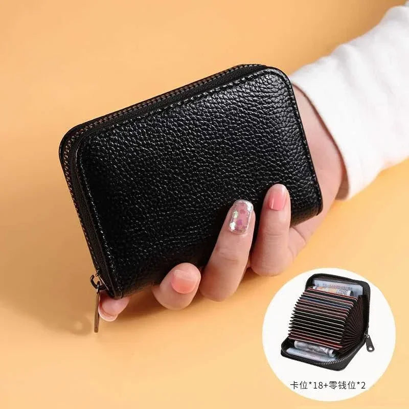 Multi Slot Card Holder Vintage Small Wallet Women Men Business Bank Credit Card Bag Male Coin Pouch Solid Leather Zipper Wallet