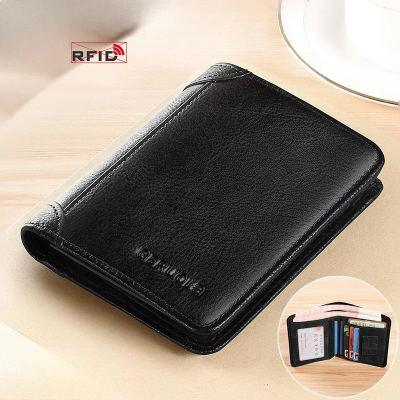 Men Wallet Genuine Leather Rfid Blocking Trifold Wallet Vintage Thin Short Multi Function ID Credit Card Holder Male Purse Money