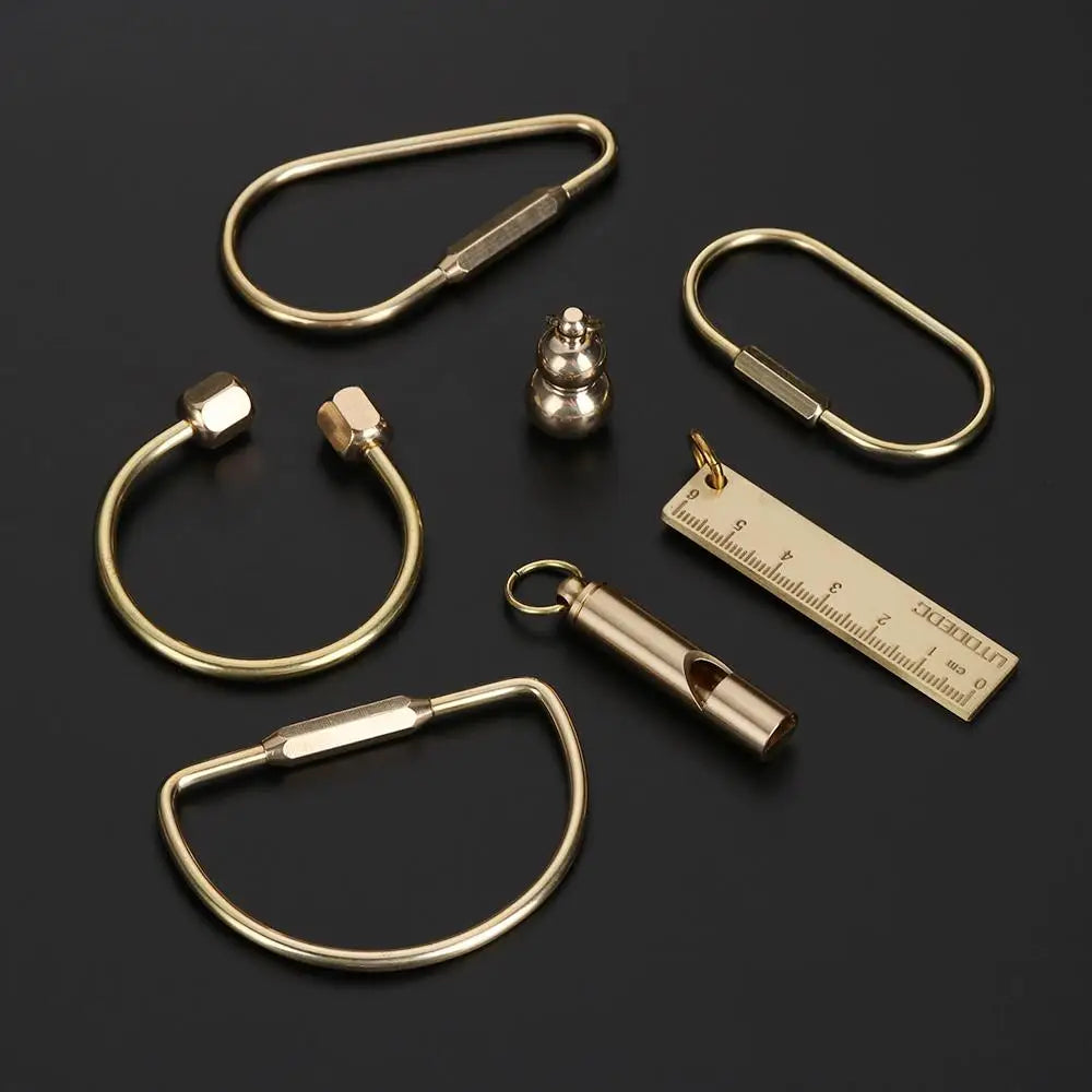 Portable Brass Keychain Creative Unique Key Ring Pendant Whistle Ruler Buckles DIY Craft Tools Jewelry Accessories