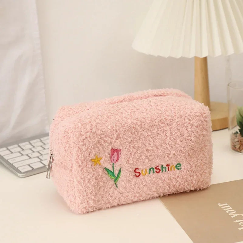 Cute Cosmetic Storage Bag Embroidered Flowers Cosmetic Bag Pencil Case Soft plush Makeup Bag for Lipstick Jewelry Pouch