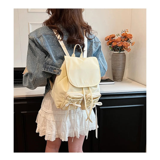 Solid Color Nylon Backpack Women Bow Ribbon Large Capacity Casual Schoolbag